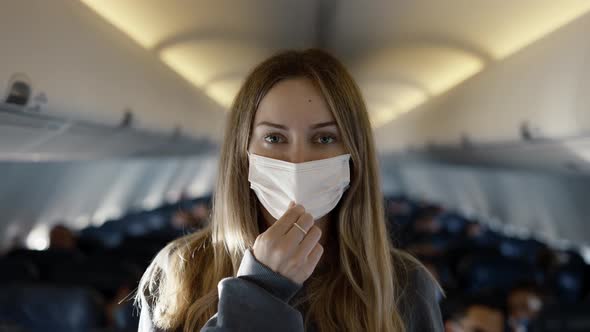 Portrait of a Woman Standing in a Seat Row on Plane Taking Off Mask to Smile alt