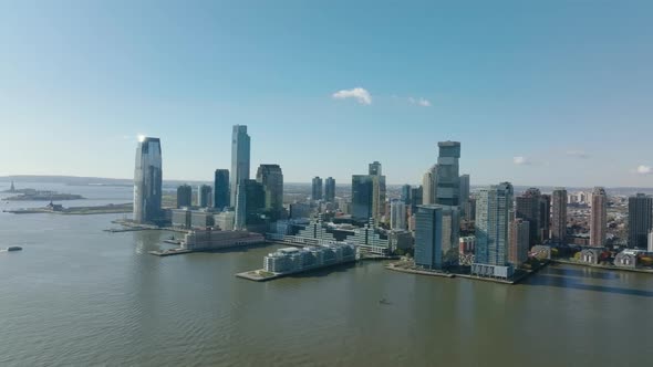 Aerial Panoramic View of Tall Apartment or Office Buildings on Hudson River Waterfront alt