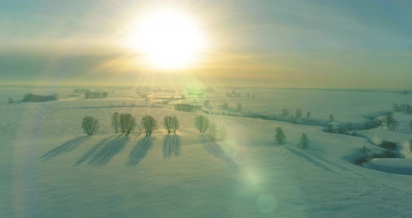 Aerial View of Cold Winter Landscape Arctic Field Trees Covered with Frost Snow Ice River and Sun alt