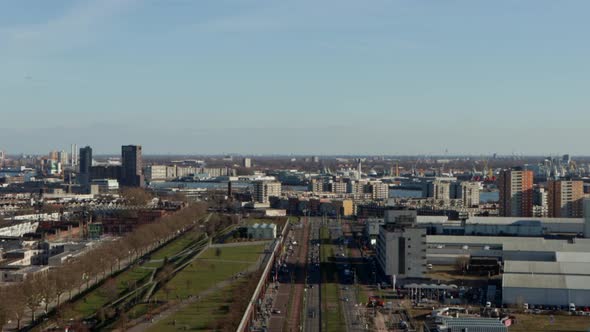 View of traffic and port in Rotterdam, the Netherlands on a sunny winter day alt