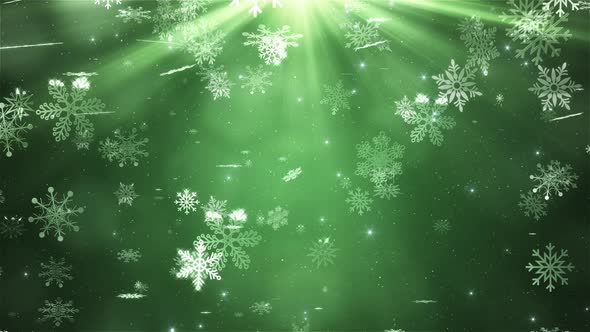 Snowflakes Falling on Green Background