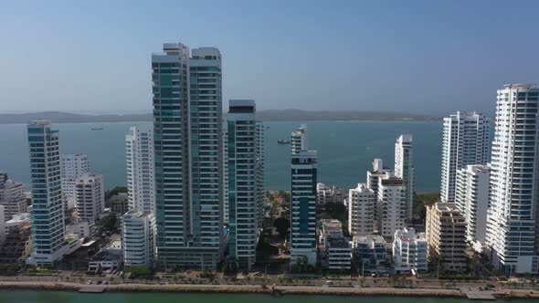 The Bocagrande Modern Distcrict in Cartagena Colombia in the Sunny Day Aerial Panorama View