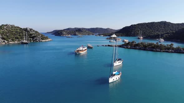 Aerial View of Sailing Yachts and Cruise Boats in the Turquoise Waters of the Bay and a Series of alt
