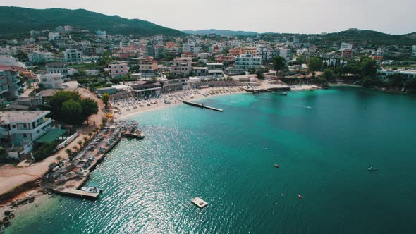 Aerial View Exotic Beach with Turquoise Water in Albania Ksamil Islands alt