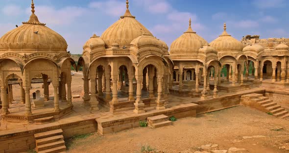 Bada Bagh Cenotaphs (Hindu Tomb Mausoleum) Made of Sandstone in Indian Thar Desert. Jaisalmer alt