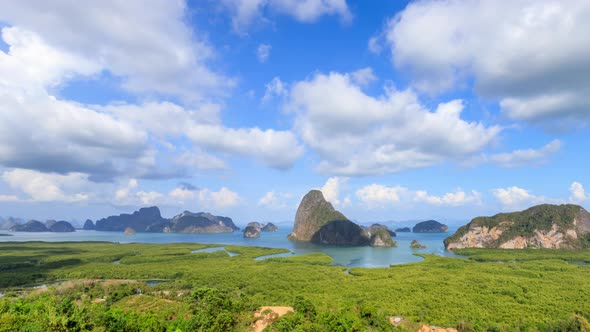 Samet Nangshe viewpoint over Phang-nga Bay and mountains in Andaman sea, Thailand - Time Lapse