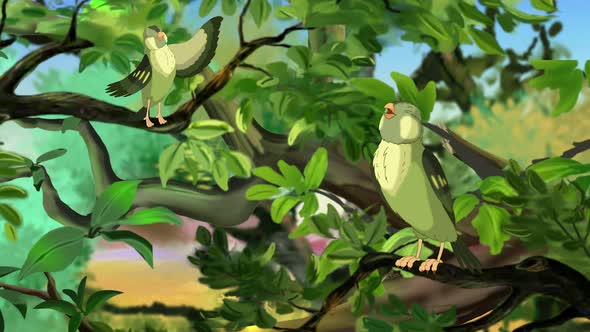 Small green birds on a tree branch 4K