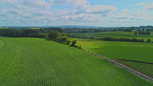 Aerial Traveling View of Corn Fields and Harvesting Crops, with Patches of Color alt