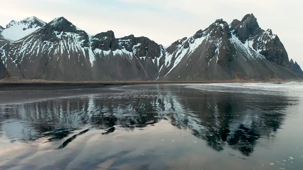 Aerial View of Vestrahorn at Stokksnes Beach Before Sunset. Iceland. Winter 2019