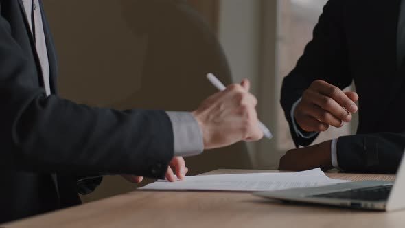 Closeup Two Businessmen Multiethnic Colleagues Caucasian Leader Customer and African Boss Investor alt