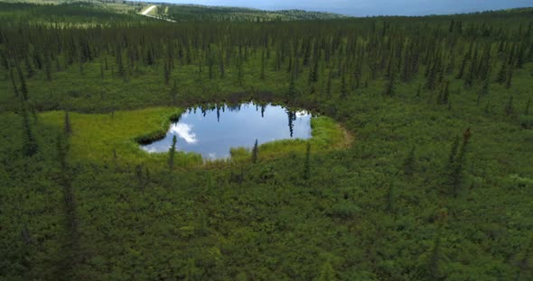 Aerial Footage Round the Small Lake Near the Highway in Alaska alt