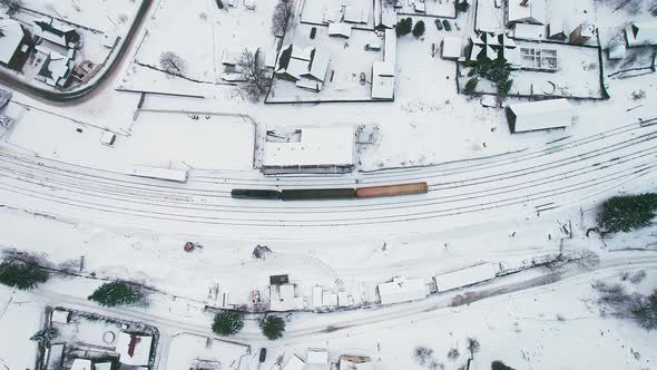 Top View of a Train in Winter on the Railroad