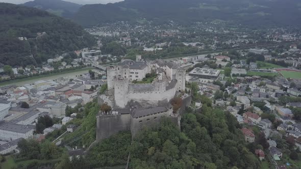Aerial view of Salzburg castle on hill mountain Hohensalzburg fortress. Panorama on Salzburg city
