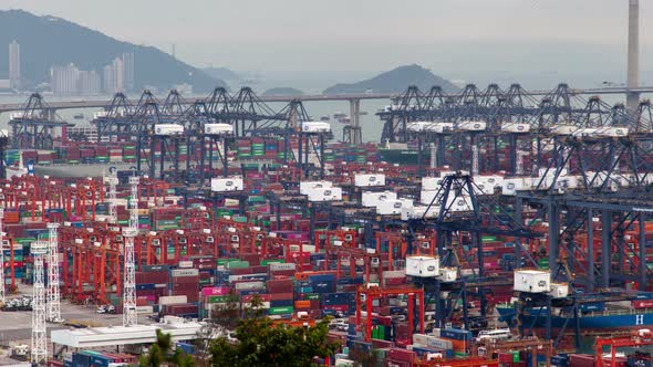 HONG KONG/CHINA - JUNE 10 2019: Hong Kong Container Port Terminal and Logistics Center Timelapse Pan alt