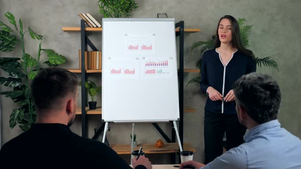 Businesswoman near flip chart diagrams speaking motivational speech top managers alt