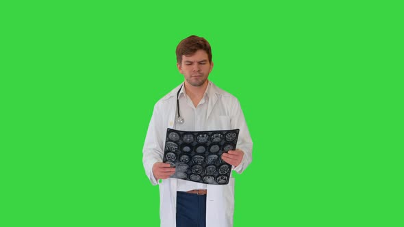 Concentrated Male Doctor Examining Computed Tomography While Walking on a Green Screen, Chroma Key. alt
