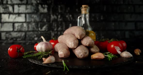 Raw Sausages with Tomatoes and Garlic Rotate on a Board