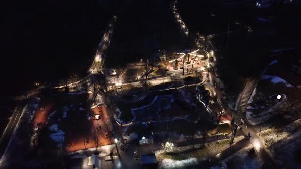 Aerial view evening playground Kharkiv city park