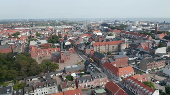 Aerial View Through Esbjerg Denmark with Vor Frelser Kirke the Church of Our Saviour alt