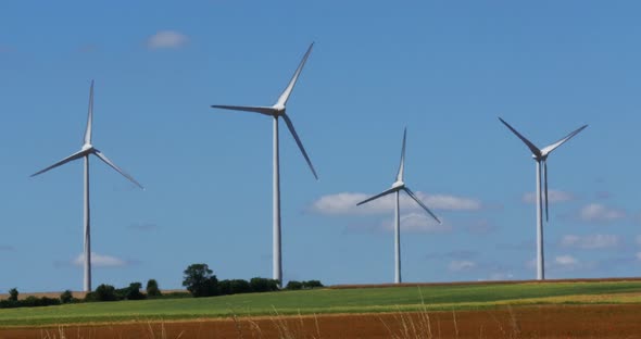 Wind Turbines with Blue Sky, near Caen in Normandy, Real Time 4K