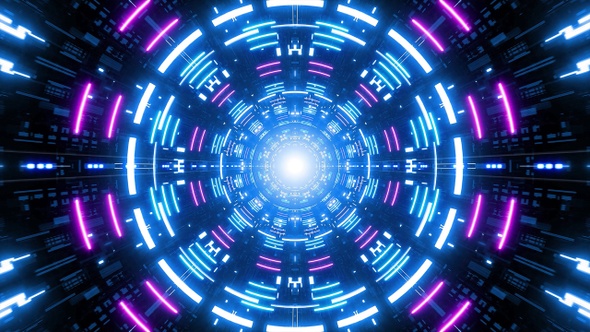 Flickering Blue Circle Lamp in the Multiple Neon Light Retro Style Sci Fi Tunnel VJ Loop alt