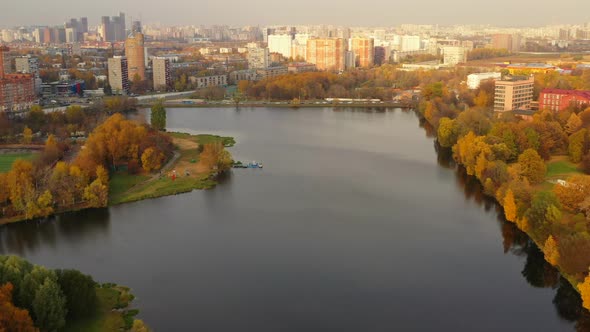 Top View of the Big Garden Pond in Timiryazevsky Park in Autumn Moscow Russia alt
