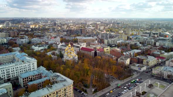 Autumn aerial city center sights, Kharkiv Ukraine