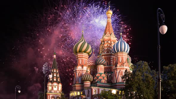 Celebratory colorful fireworks and Temple of Basil the Blessed,  Red Square, Moscow, Russia