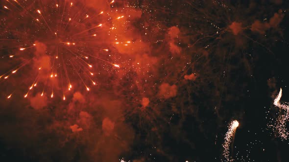 Fireworks Flashing in the Night Sky. Slow Motion. Real Fireworks with Smoke alt