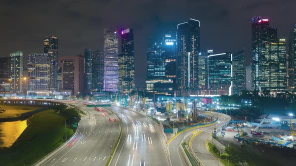 Aerial view traffic with background Singapore landmark financial business district with skyscraper, alt