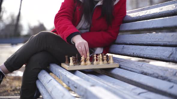 Close Up of Chess on Wooden Bench alt