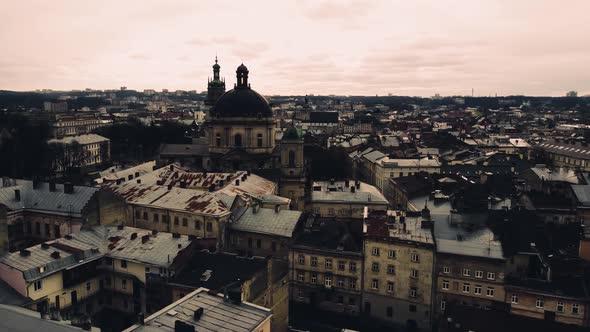 Aerial view of a drone flying over the building alt