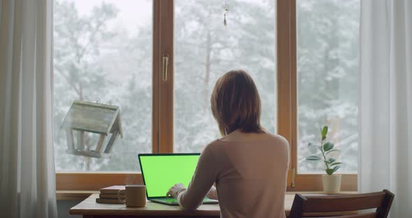 Back View of Woman Typing on Mock Up Laptop Sitting By Window Winter Snowy Landscape