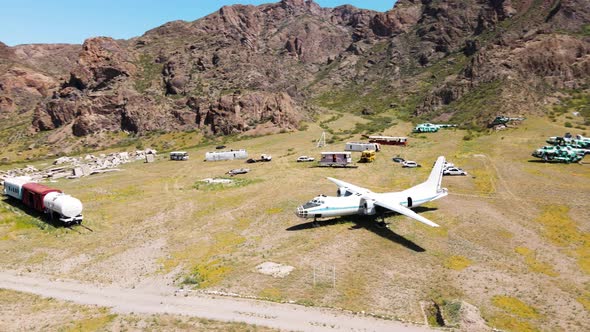 Drone Shot of Old Train Dump Near River Ili Kazakhstan alt