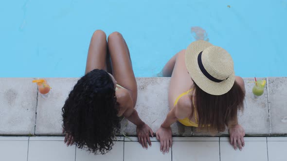 Closeup Top View Female Tourist Girlfriends Chatting Sitting Near Swimming Pool Having Fun During alt