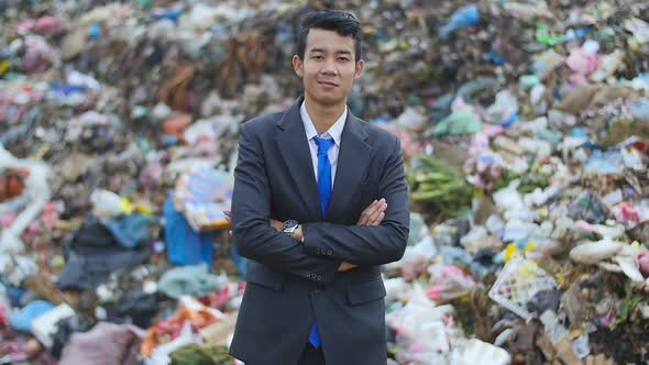 Asian Businessman, Mountain Of Garbage In Background alt