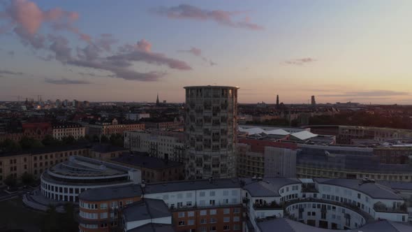 Aerial View of Buildings in Stockholm at Sunset