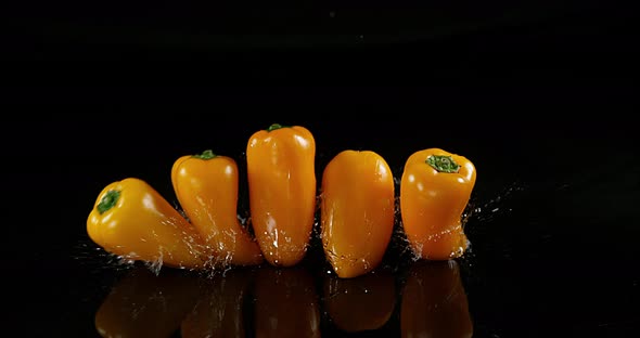 Yellow Sweet Peppers, capsicum annuum, Vegetable falling on Water against Black Background alt