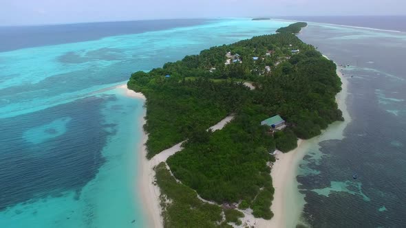 Aerial drone panorama of tropical coast beach time by blue ocean and sand background alt