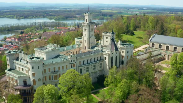 Aerial View of Historic Chateau Hluboka Castle in Hluboka Nad Vltavou with Lake on the Background alt
