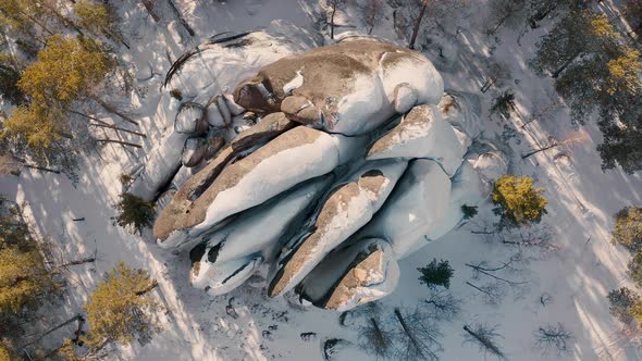 The Krasnoyarsk Pillars Drone view of Krasnoyarsk Pillars The Feather Pillar alt