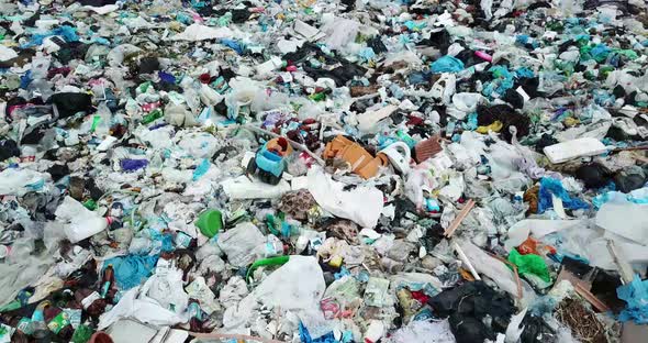 Empty used dirty plastic bottles. Dirty sea sandy coast. Environmental pollution. alt