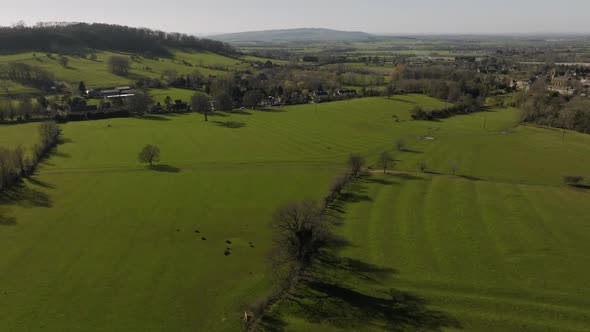 Flat Valley Landscape Broadway Village Green Fields Winter Aerial Establishing Shot Worcestershire U