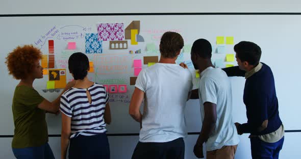 Team of executives discussing over sticky notes on whiteboard alt