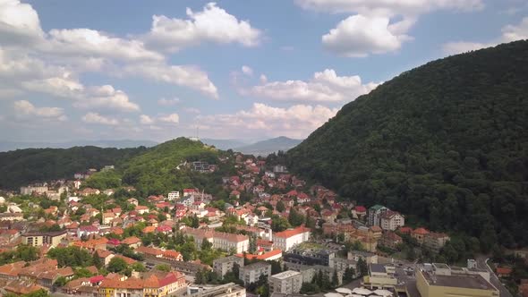 Aerial view of Brasov city, medieval town situated in Transylvania, Romania. Old architecture alt