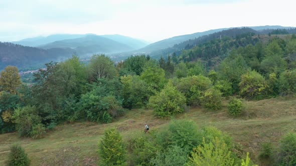 Mountain biker descending hill on a trail with an e-bike along forest, action scene. alt