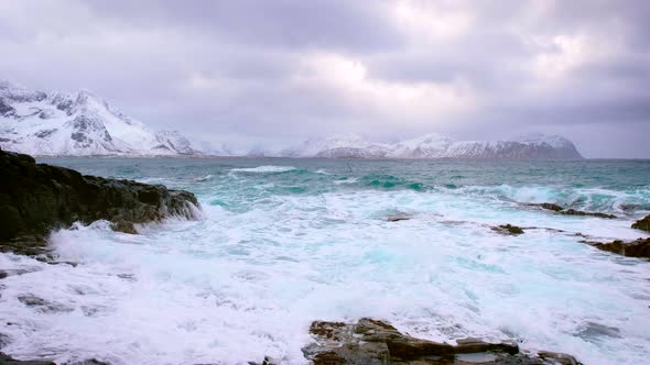 Norwegian Sea Waves on Rocky Coast of Lofoten Islands, Norway alt