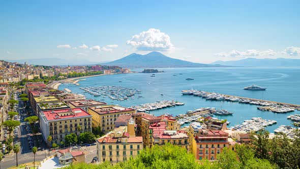 View of the Gulf of Naples from the Posillipo hill with Mount Vesuvius far in the background. alt