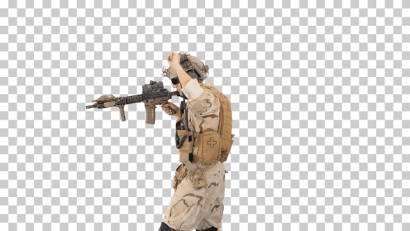 US Marine in sunglasses walks in stops,, Alpha Channel alt