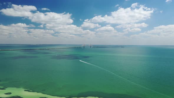 Seascape With Suspension Bridge In The Background, Sunshine Skyway Bridge, Tampa Bay, Florida, USA - alt